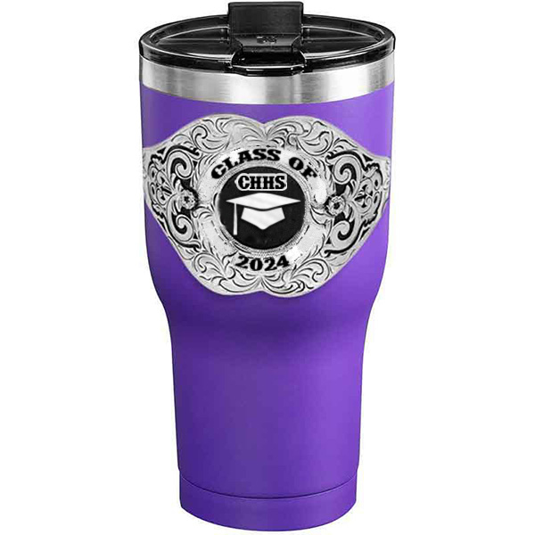 A customized tumbler made of stainless steel with a personalized engraved Class of 2024 lettering with graduate cap figure, 30 oz, ideal for coffee or cool drinks